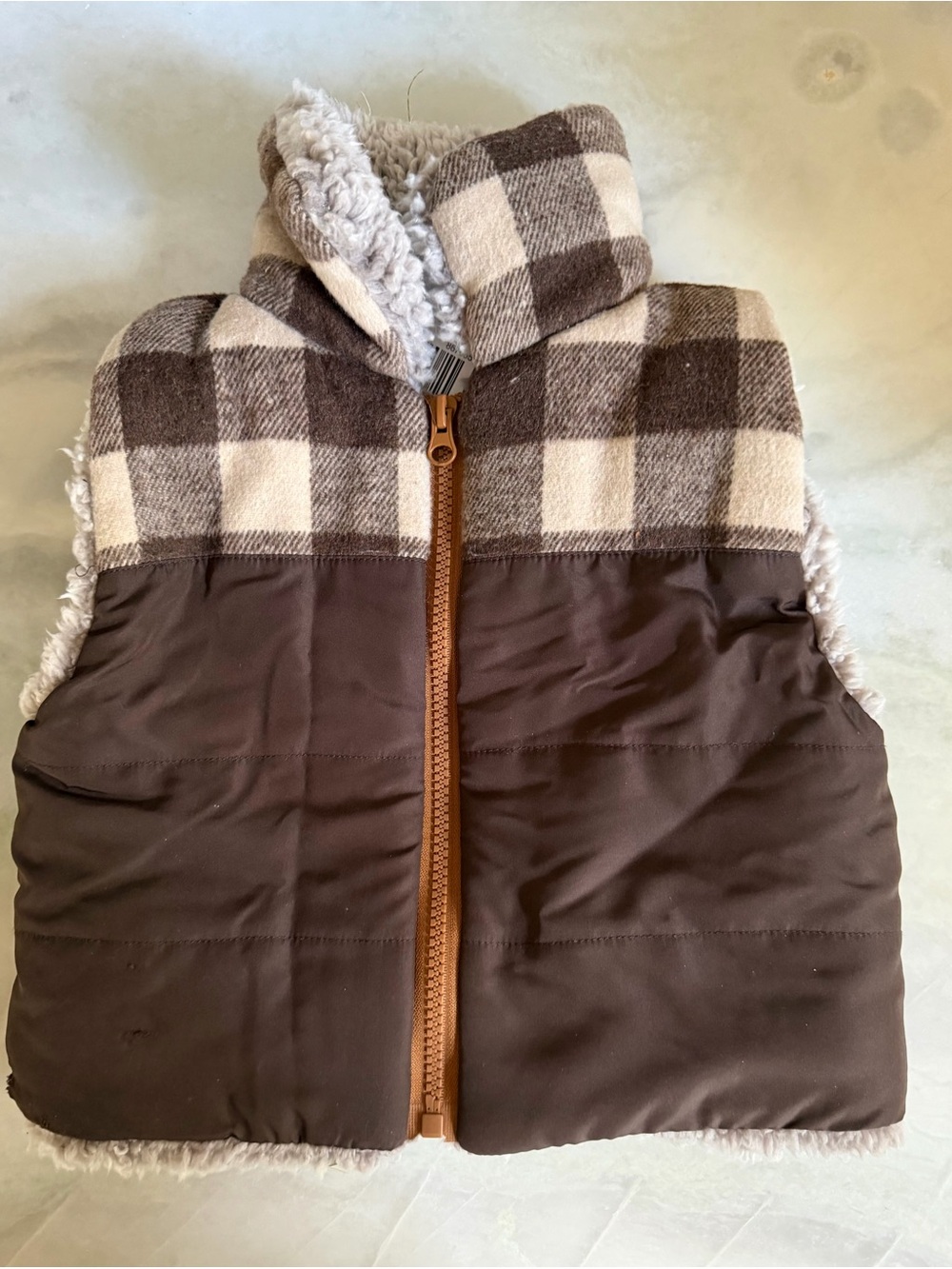 Cracker Barrel Brown and Cream Plaid Sherpa-Lined Puffer Vest